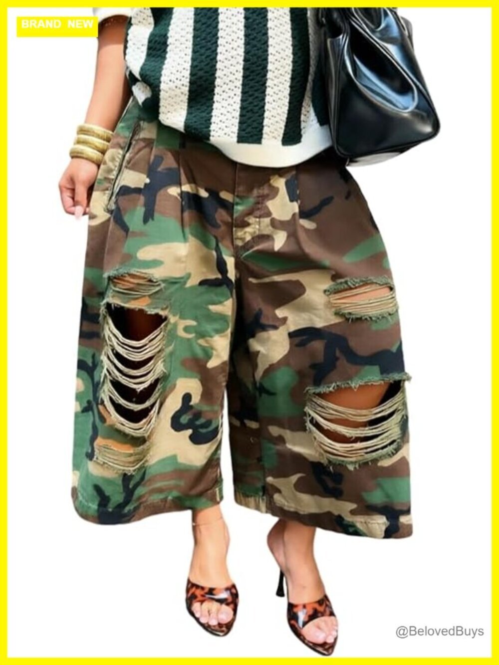 High Waisted Pleated Camo Wide Leg Pants - Distressed Ripped Baggy Barrel Jeans